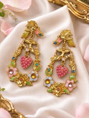 Angel Earrings Fish Heart Cherub Antique Museum Wreath Flower VTG Museum Boho CZ